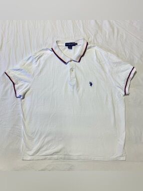 U.S. Polo Assn. White Polo with Navy Embroidered Logo and Red-Trim Collar